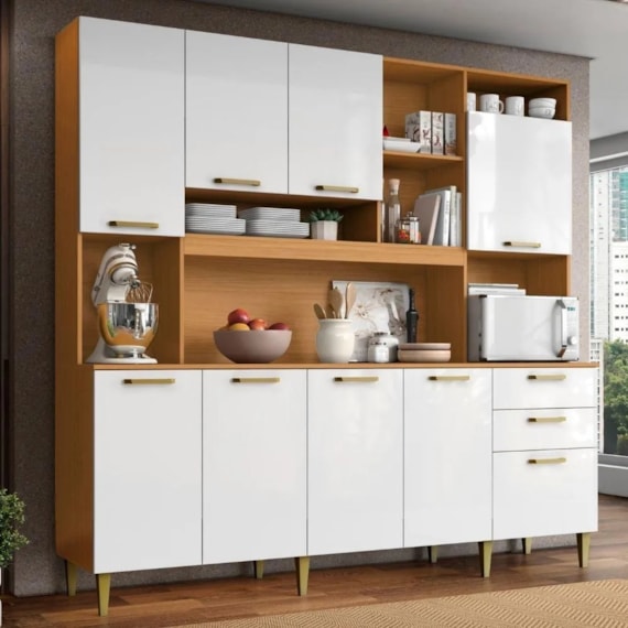 Armário de Cozinha Modelo Mega 9 Portas Cinamomo/Branco