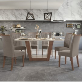 Conjunto Mesa Apogeu 1,70 com 06 Cadeiras Imbuia Naturale / Off White / Suede Animale Bege