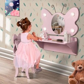 Penteadeira Infantil Com Espelho E Banqueta Rosa Borboleta Valen Móveis